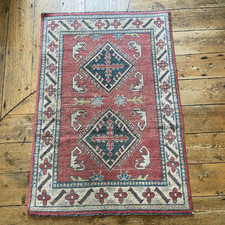 Antique Woven Rug Carpet Mat Rectangle Wool Vintage 130x87.5cm Pattern Red Cream