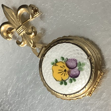 Vtg Coro Fleur De Lis 4 Photo Locket Brooch Pin Pansy Guilloche Folds Out 3"