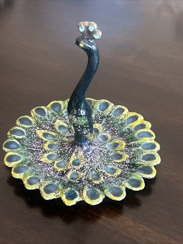 Enameled pewter peacock ring - enameled,