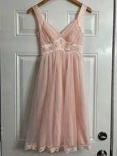 Vintage Shadowline Pink Lingerie Dreamy Chiffon Satin Lace Nightgown 32
