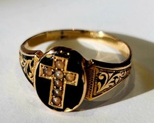 Antique black Enamel And Pearl Cross Mourning Ring Memento Mori Stunning