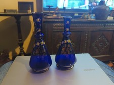 Pair Of Antique 19th Century Bristol Blue Vases With Enamel And Gold Decoration