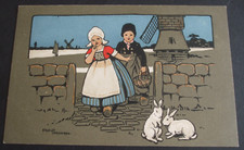 Old ETHEL PARKINSON art DUTCH CHILDREN WHITE RABBITS WINDMILL HOLLAND