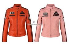 SIZMA Ladies Leather Jacket Classic Retro Motorcycle Racer Style Vintage Jacket