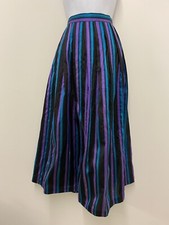Vintage Blue Silk Skirt Size 14 Retro Purple Black Pleated Stripe Gothic Midi G2