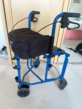 3 wheeled blue Uniscan lightweight walking frame with seat, bag, brakes 