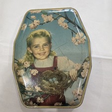Vintage horner sweet tin. Girl birds nest eggs flowers. 1950s?