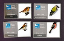 RSPB Pin Badge - four garden birds - gnah grey tick card