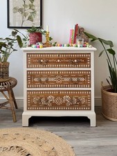 Vintage Oak Chest Of Drawers Hand Painted Cream With Stencilled Detail, Boho