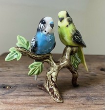 Pair Of Vintage Multi Colour  Iridescent Budgies/Budgerigars On Branch Sml
