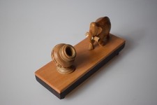 Hand Carved Elephant and Pot. Pen / Pencil Holder. Desk ornament 