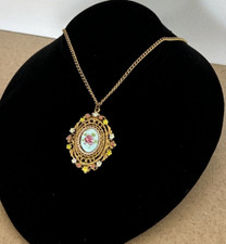 Arthur Pepper Signed ART Guilloche Enamel Pendant Necklace Flowers Rhinestones