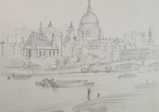 Original Pencil Sketch, 'The Thames at  London', unknown artist, circa 1970's