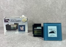 Sarah Peyton Solid Glass Photo Coasters with Wooden Storage Rack