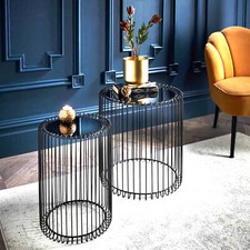 Set Of 2 Round Cage Table With Mirror Top Coffee Table Side Table Living Room 