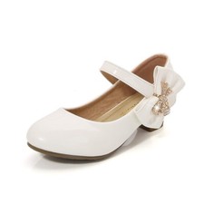 UK Kids Girls Faux Leather Bow Low Block Heel Party Shoes Mary Jane Wedding Prom