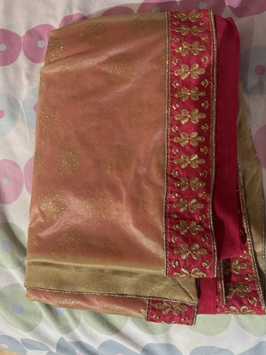 Gold sari fabric - pink, flower