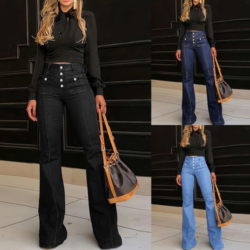 Women denim flared pants high - denim,