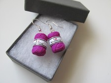 Miniature Craft I Love Knitting Fuchsia Pink Wool Charm Earrings  Handmade in UK