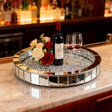 Crushed Diamond Tray Silver Round Tray Decor Accent Vanity Coffee Table Serving