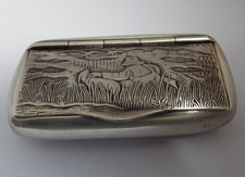 BEAUTIFUL ENGLISH ANTIQUE VINTAGE SOLID STERLING SILVER HUNTING SCENE SNUFF BOX