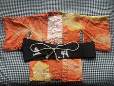 Vintage Japanese Silk Haori Kimono Jacket w/ Obi Belt – Orange Gold Authentic JP