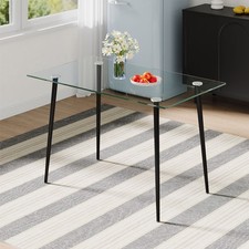 Modern Dining Table Clear Tempered Glass Top Steel Legs Rectangle Kitchen Table