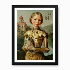 Lady C-3Po with R2d2 toy, pop oil p Framed Wall Art Poster Canvas Print Picture