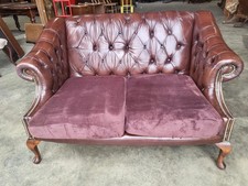 Antique repro button back leather 2 seat high back sofa cabriole legs