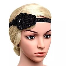 VINTAGE DECO BLACK FLAPPER 20S BLACK BEADS SHINY SEQUINS HEADBAND HAIRPIECE PROM