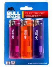 3 PACK OF ELECTRONIC REFILLABLE BULL BRAND  LIGHTERS WITH LED TORCH 