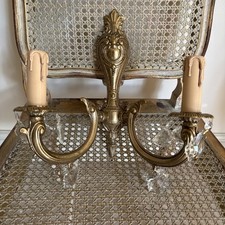 Pair of Vintage French Ornate Bronze Brass & Crystal 2 Arm Wall Light Sconce