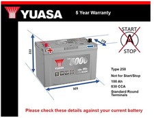 Battery fits MITSUBISHI L200 2.0 2.2D 2.5D 2.8D 86 to 21 Yuasa 250 830A 100Ah