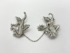Pair of Siam / Thai Solid Silver Temple Dancer Cloak Pin Brooches