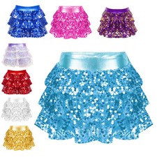 UK Girls Sequin Tiered Ruffle Dance Skirt Elastic Waist Mini Skirt Dancewear