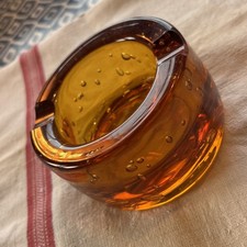Studio Glass Amber Bowl Ashtray Controlled Bubble 10cm Diam 5cm H Vintage Heavy 