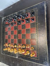 Antique Folding Leather  Chess Board & Box, Backgammon Board inside
