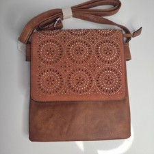 MODA Handbag Tan Brown Crossbody Bag Studded Cut-Out Design Flap