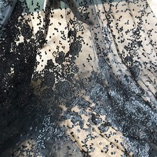 Black Beaded Bridal Dress Fabric Floral Embroidery Wedding DIY Lace Fabric 0.5 M