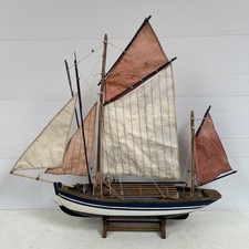 Vintage Wooden Model Boat French Fishing Trawler Painted Hull & Cloth Sails