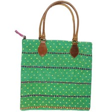 Vintage Kantha Stitched Cotton Tote Bag With Leather Handle -Green