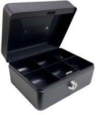 Money Box 6in Steel Metal Cash Safe Security Petty Tin With Lock & 2 Keys Black