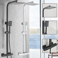 Bathroom Thermostatic Exposed Shower Mixer Twin Head Bar Set Chrome Black Taps
