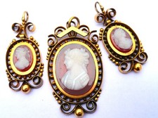 Victorian Set Earrings/Pendant Carved Stone Cameos Antique GF
