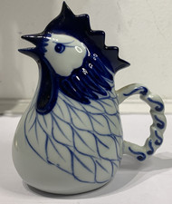 Vintage Blue & White Rooster Jug Folk Art Ceramic Chicken Pitcher