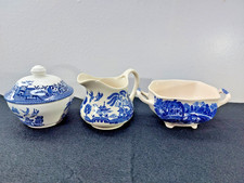 Blue and White Willow Pattern Milk Jug, Lidded Sugar Bowl & Open Jam Pot