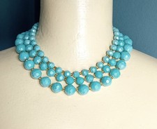 Vintage 3 Strand Light Blue Acrylic Bead Necklace B441