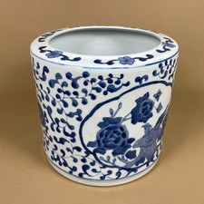 Oriental Decorative Planter Plant Pot Ceramic Blue White Floral Pattern Round
