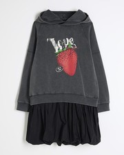 River Island Girls Sweatshirt Dress Grey Washed Hooded Long Sleeve Graphic Print