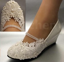 su.cheny White light ivory lace Wedding shoes flat heel wedges bridal size 5-13